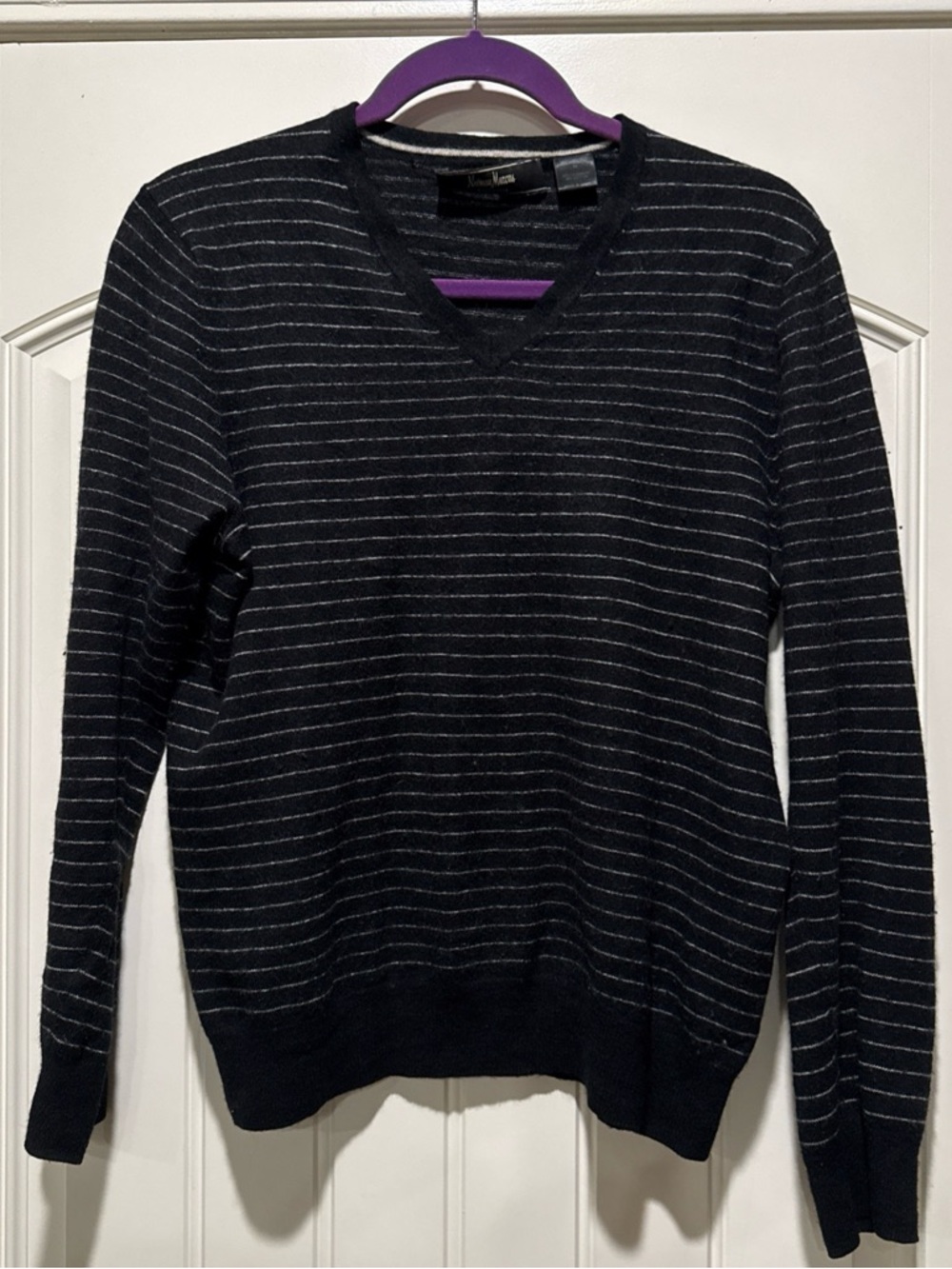Neiman Marcus Black V-Neck Sweater with Thin Gray Stripes